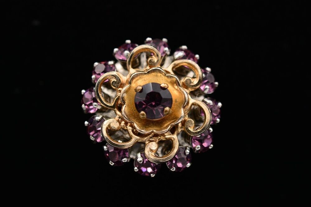Barclay Vintage Flower Pin Brooch Purple Rhinestone Crystal Signed 1940s BinAT